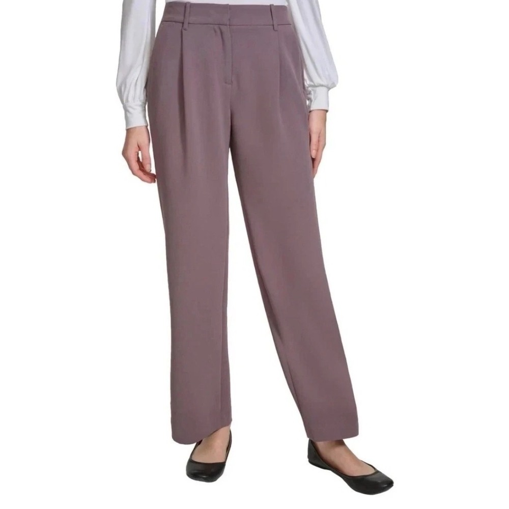 NWT DKNY Women Brown Pleated Front Straight Leg Trouser Sz. 16 High Rise Elastic
